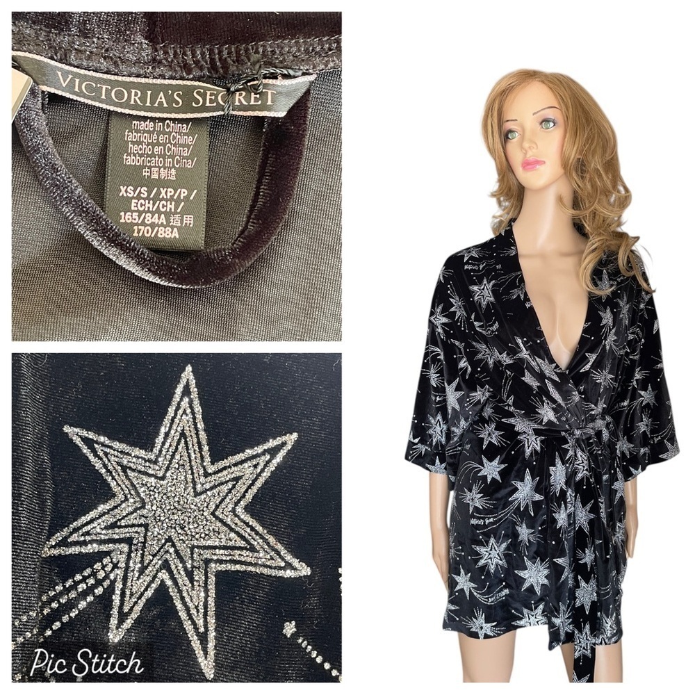 Victoria's Secret RARE Celestial Moon Star Black‎ Velvet Robe Wrap Kimono Sz XS/